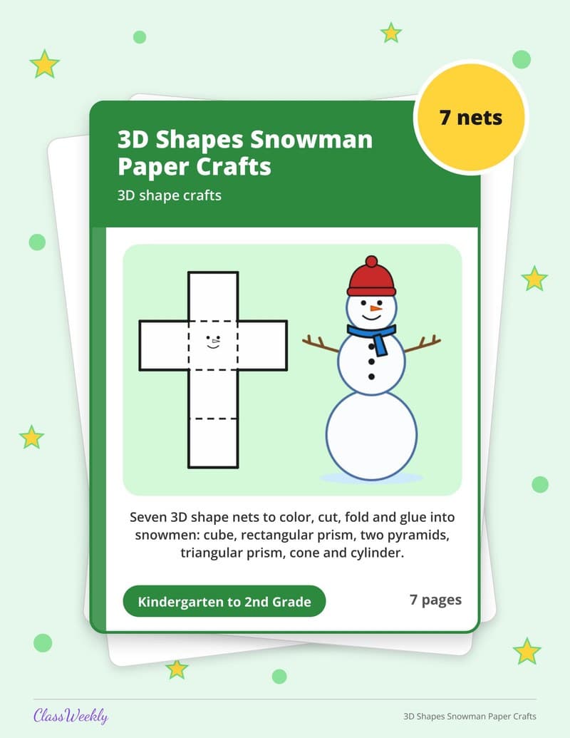 3D Shapes Snowman Paper Crafts - 2nd Grade Holiday Activities printable preview