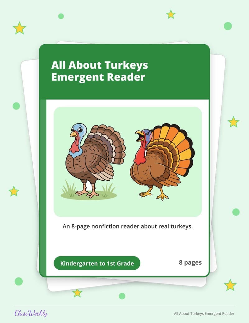 All About Turkeys Emergent Reader - Kindergarten Holiday Activities printable preview