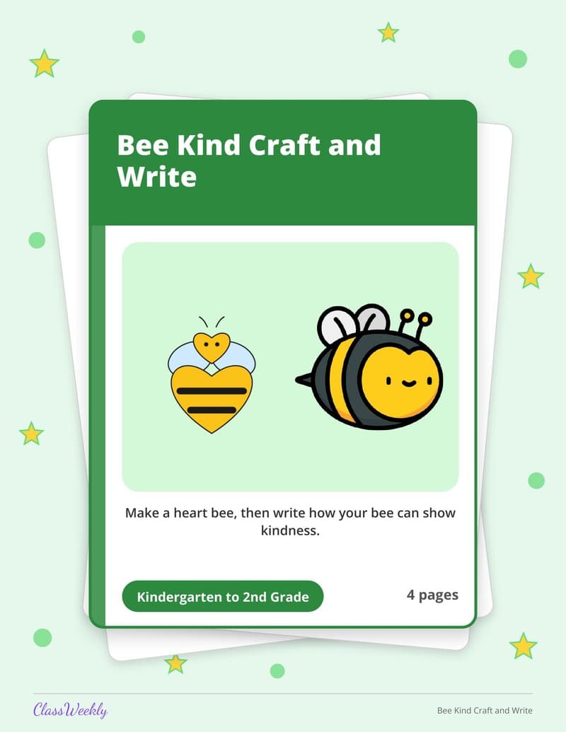 Bee Kind Craft and Write - Kindergarten Holiday Activities printable preview