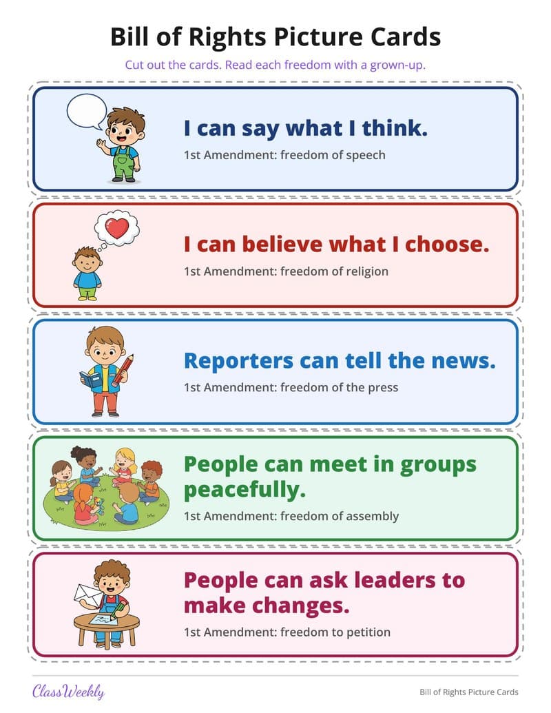 Bill of Rights Picture Cards - Kindergarten Holiday Activities printable preview