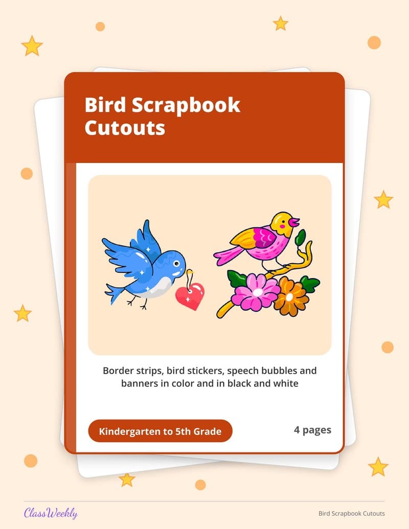 Bird Scrapbook Cutouts - 4th Grade Holiday Activities printable preview