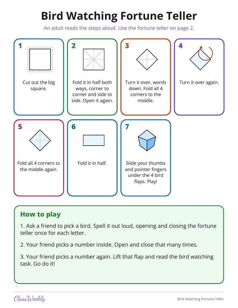Bird Watching Fortune Teller - 2nd Grade Holiday Activities printable preview