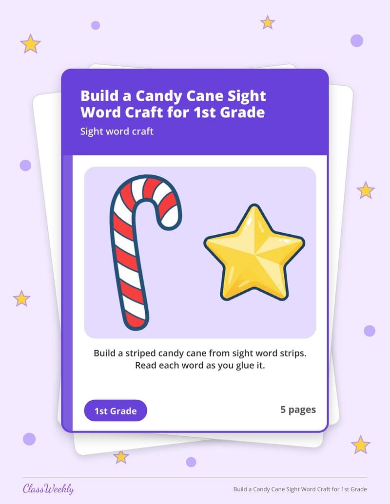 Build a Candy Cane Sight Word Craft for 1st Grade - Kindergarten Holiday Activities printable preview