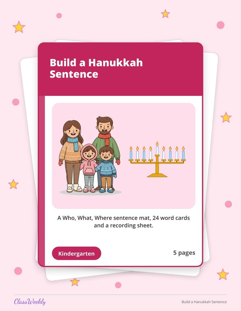 Build a Hanukkah Sentence - Kindergarten Holiday Activities printable preview