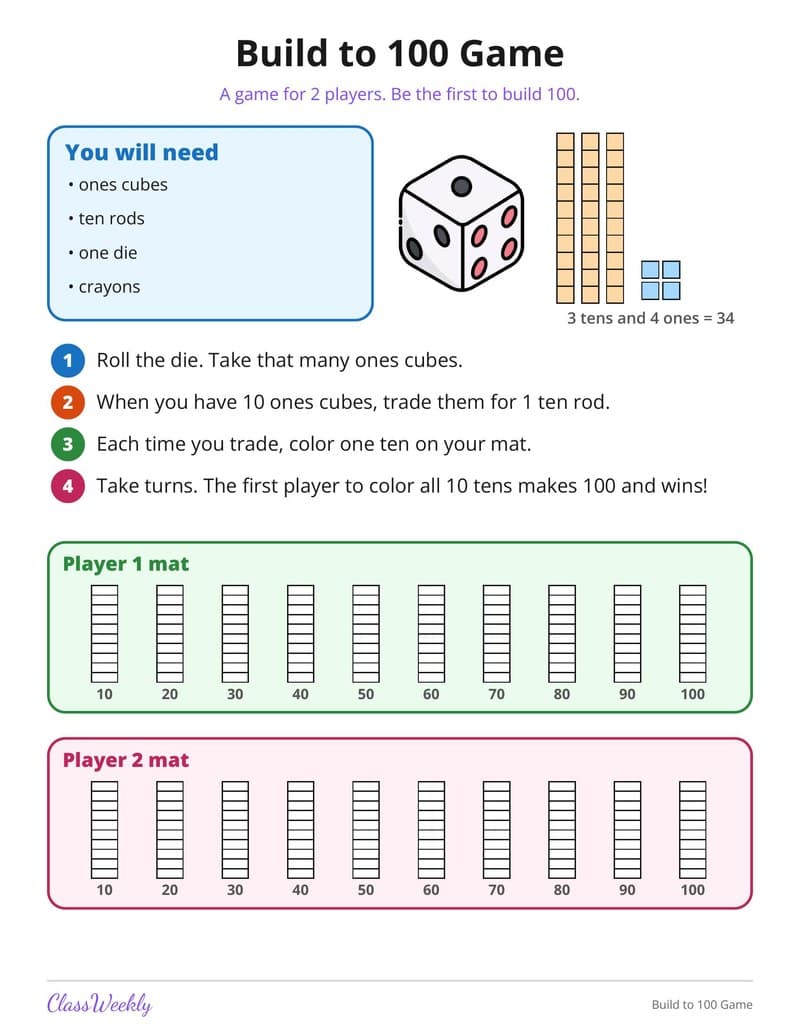 Build to 100 Game - 2nd Grade Holiday Activities printable preview