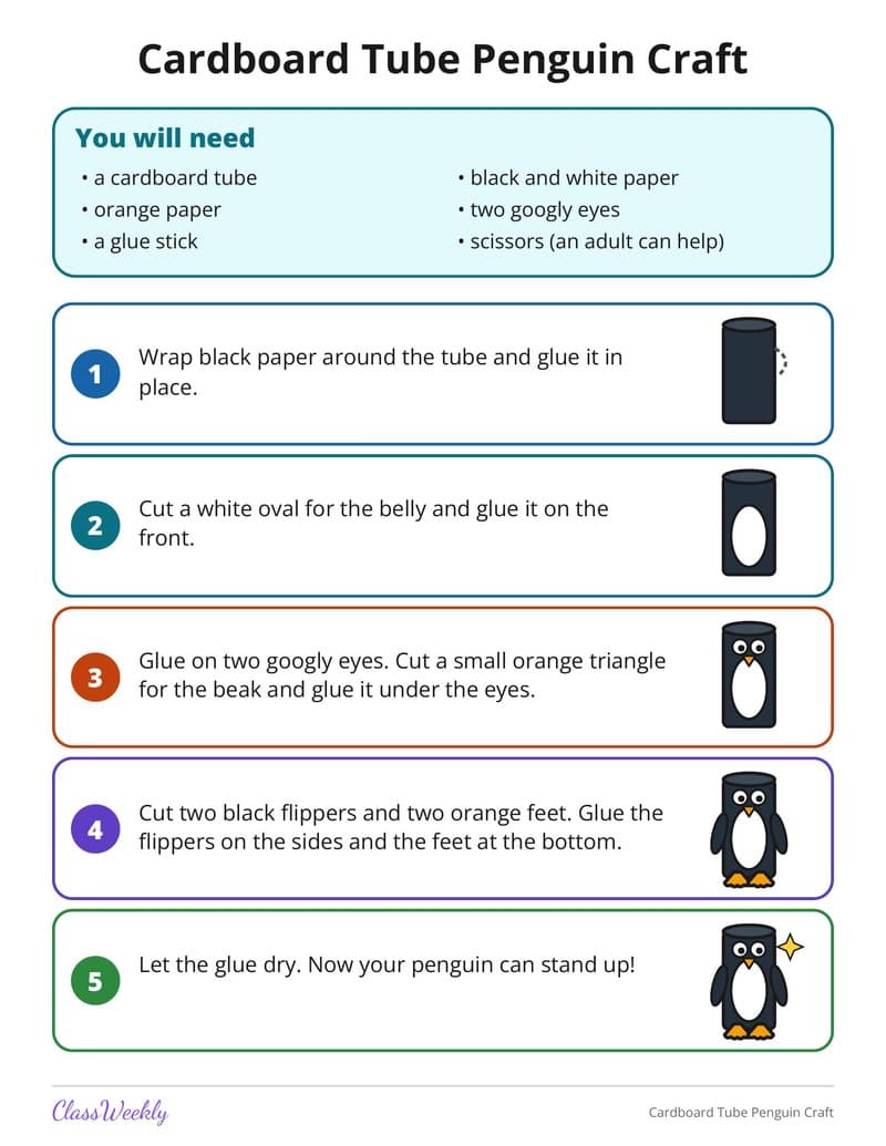 Cardboard Tube Penguin Craft - Kindergarten Holiday Activities printable preview