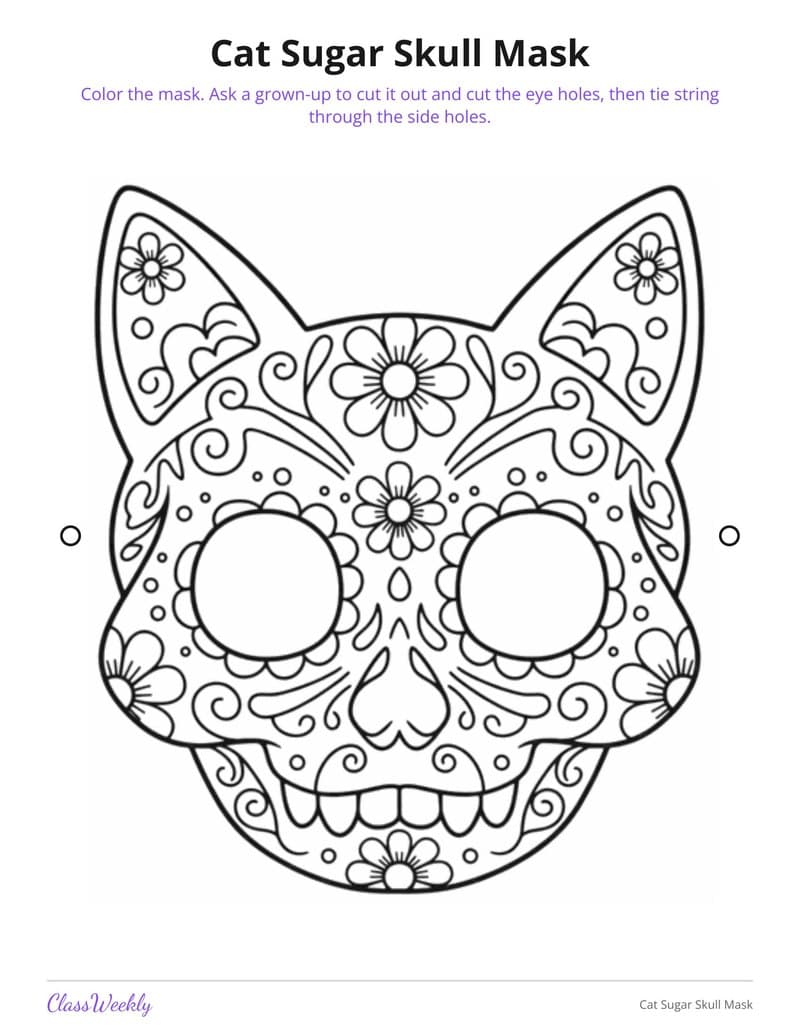 Cat Sugar Skull Mask - 2nd Grade Holiday Activities printable preview
