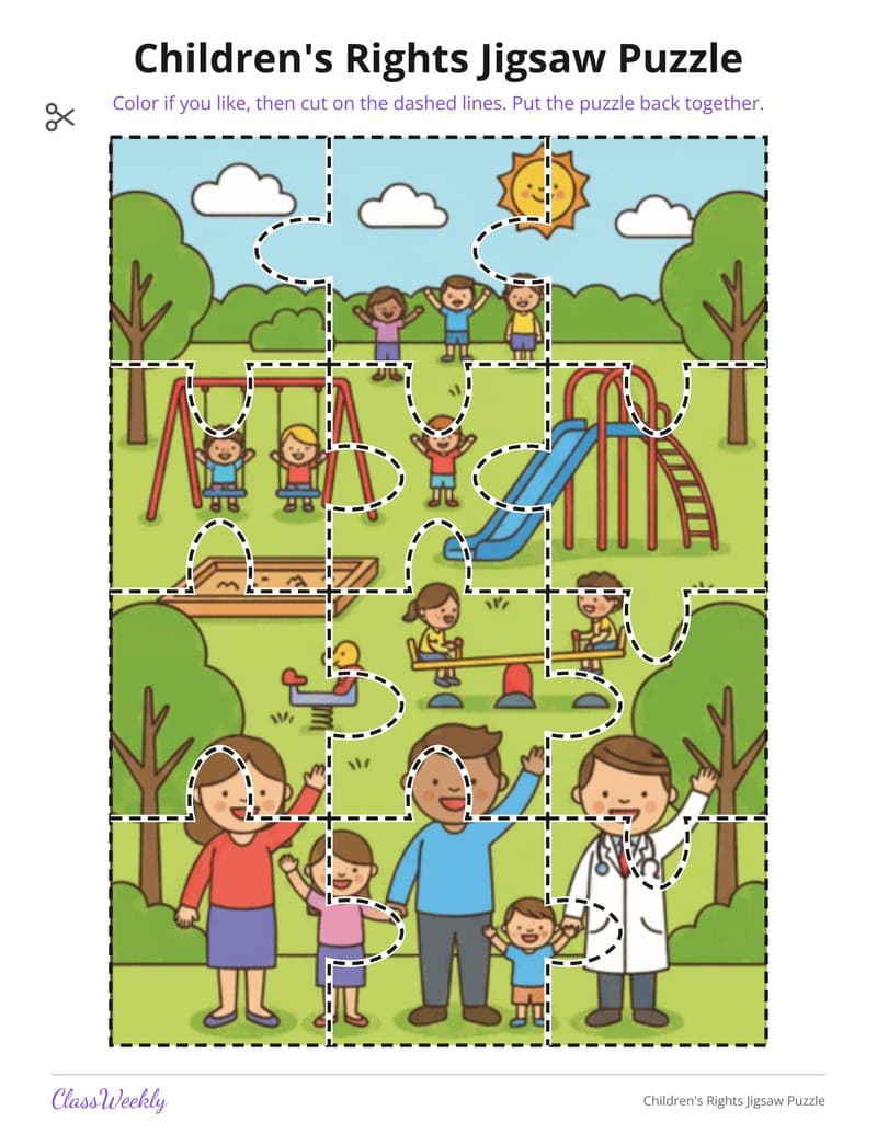 Children's Rights Jigsaw Puzzle - Kindergarten Holiday Activities printable preview