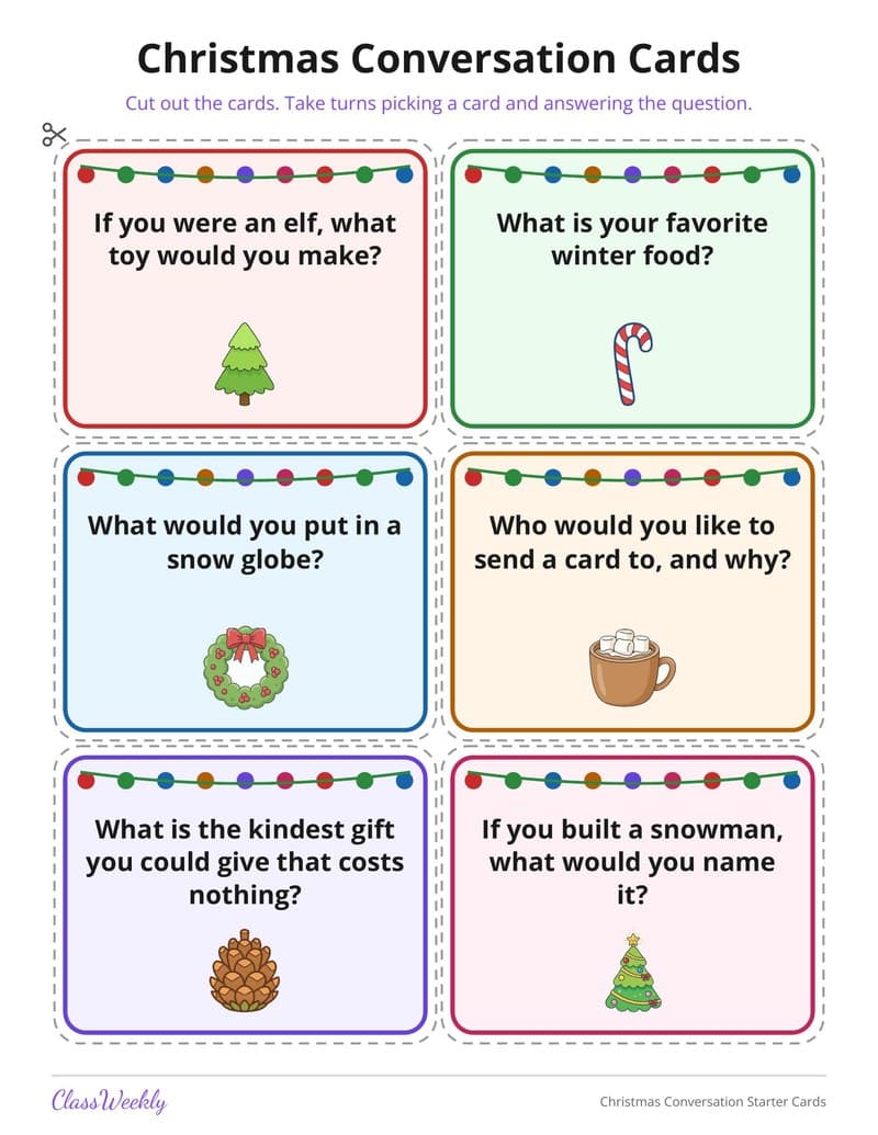 Christmas Conversation Starter Cards - 3rd Grade Holiday Activities printable preview