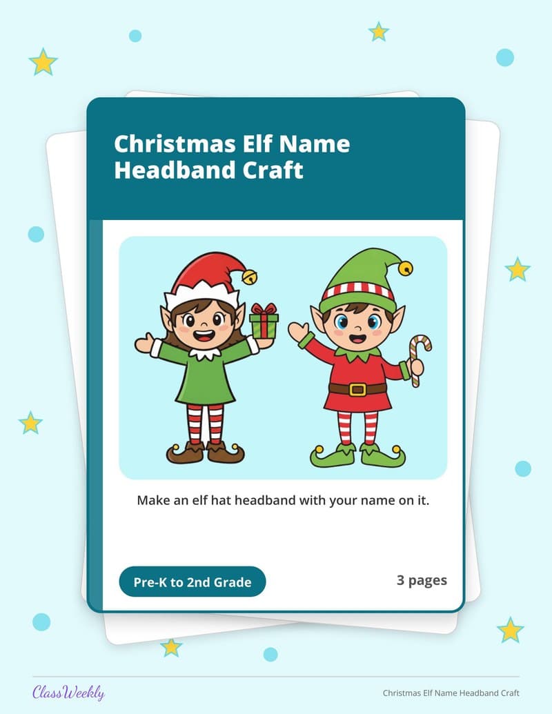 Christmas Elf Name Headband Craft - Kindergarten Holiday Activities printable preview