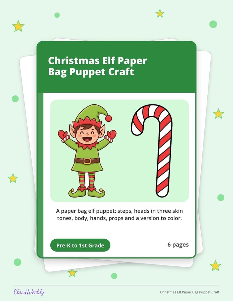 Christmas Elf Paper Bag Puppet Craft - Kindergarten Holiday Activities printable preview