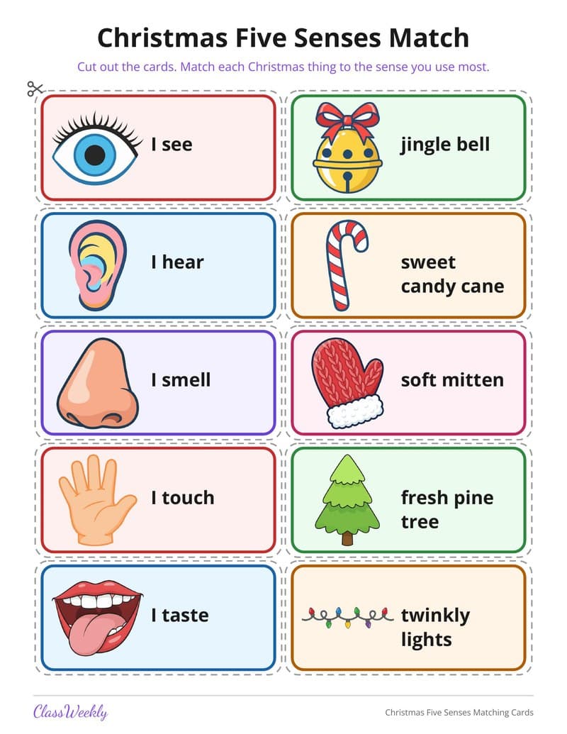 Christmas Five Senses Matching Cards - Kindergarten Holiday Activities printable preview