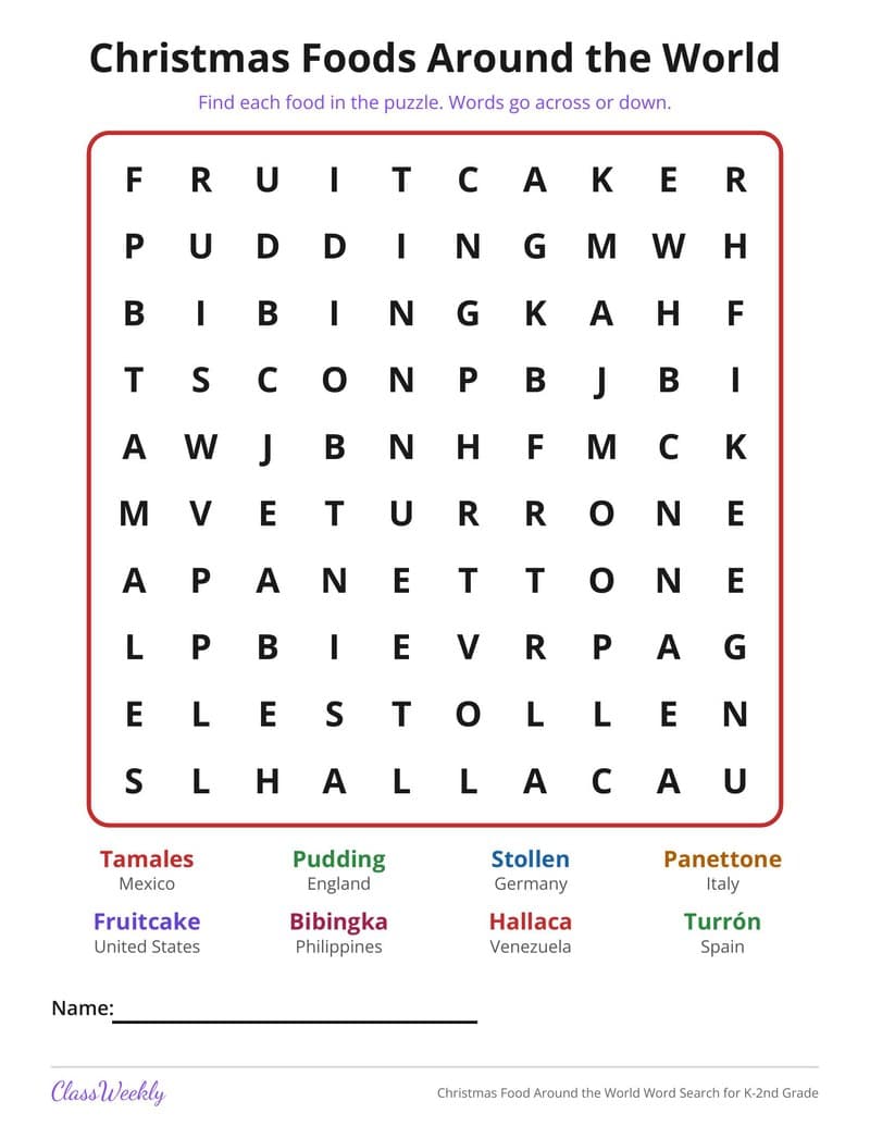 Christmas Food Around the World Word Search for K-2nd Grade - 2nd Grade Holiday Activities printable preview