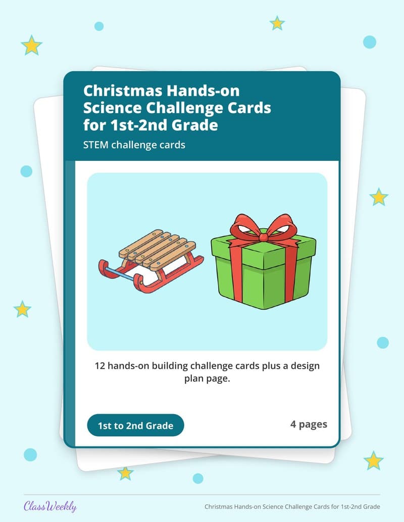 Christmas Hands-on Science Challenge Cards for 1st-2nd Grade - Kindergarten Holiday Activities printable preview