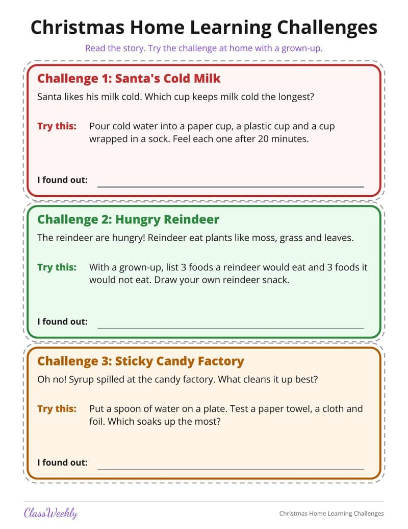 Christmas Home Learning Challenges - 3rd Grade Holiday Activities printable preview