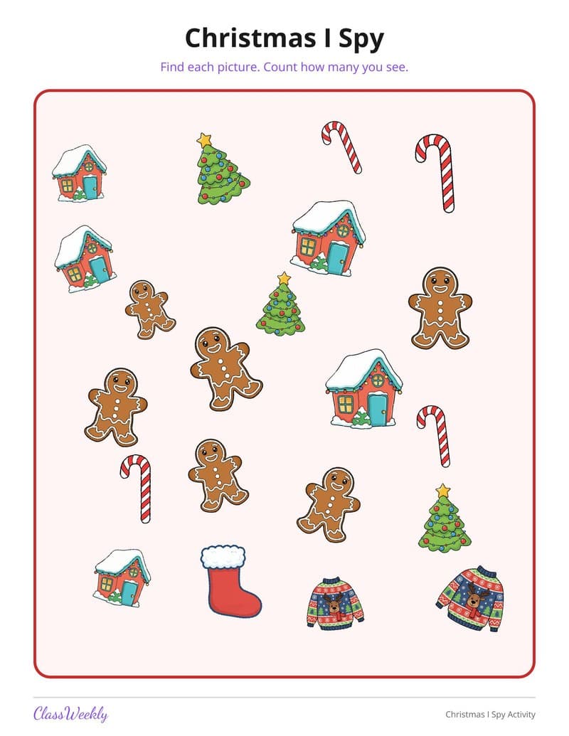 Christmas I Spy Activity - 2nd Grade Holiday Activities printable preview