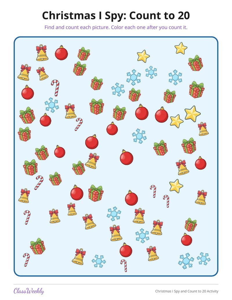 Christmas I Spy and Count to 20 Activity - Kindergarten Holiday Activities printable preview