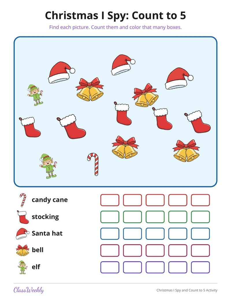 Christmas I Spy and Count to 5 Activity - Kindergarten Holiday Activities printable preview