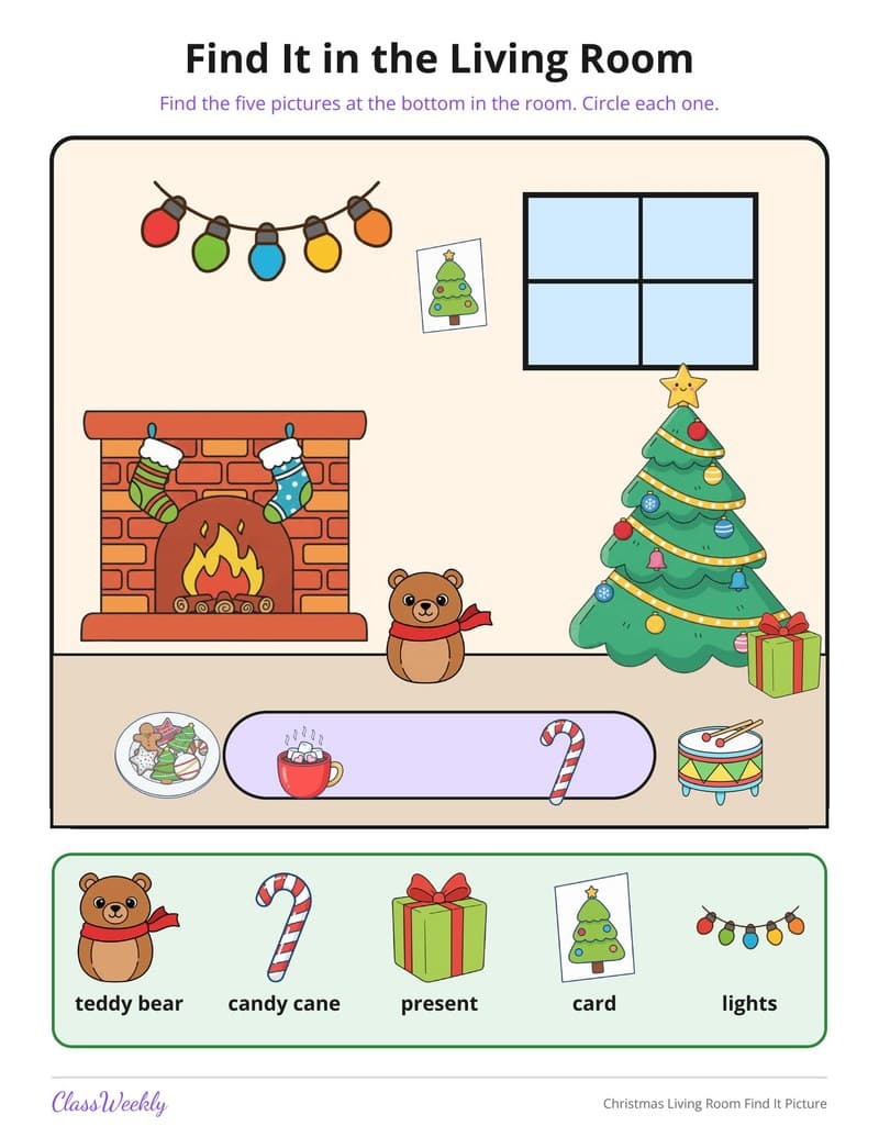 Christmas Living Room Find It Picture - Kindergarten Holiday Activities printable preview
