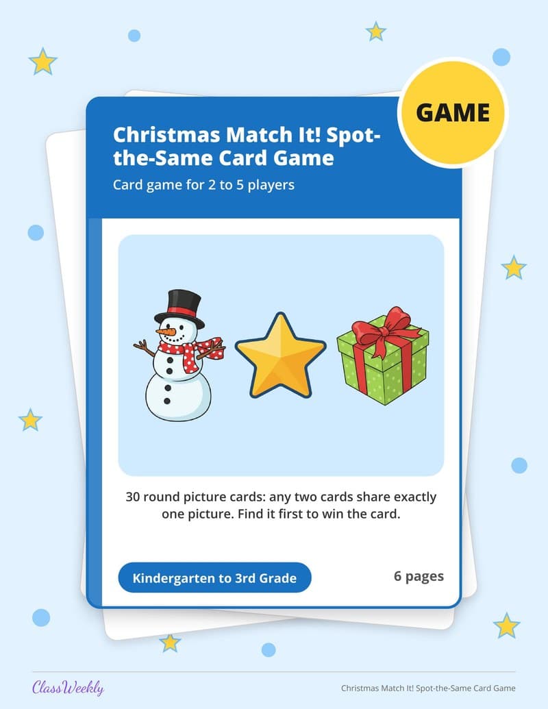Christmas Match It! Spot-the-Same Card Game - 2nd Grade Holiday Activities printable preview