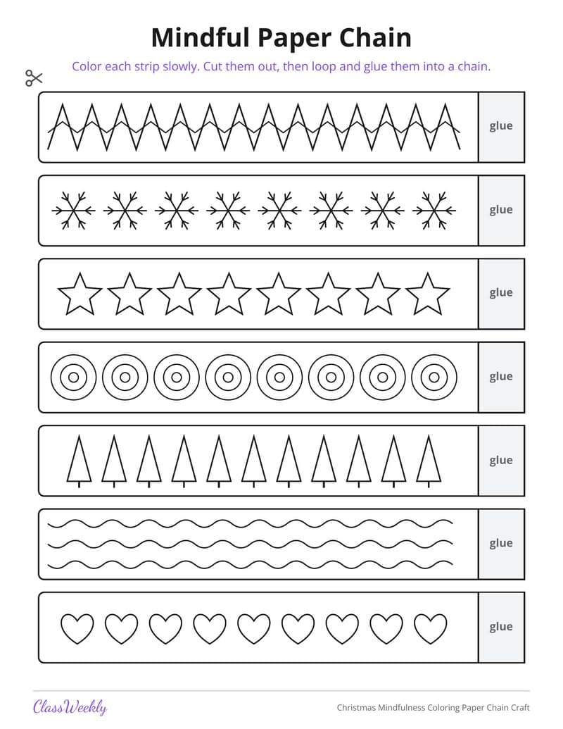 Christmas Mindfulness Coloring Paper Chain Craft - Kindergarten Holiday Activities printable preview