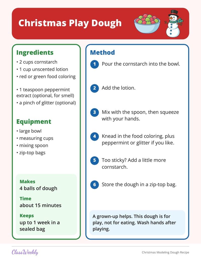 Christmas Modeling Dough Recipe - 2nd Grade Holiday Activities printable preview