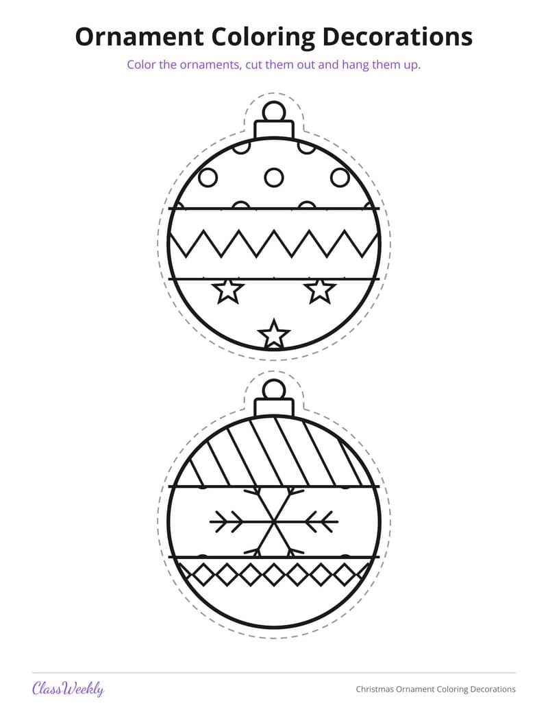 Christmas Ornament Coloring Decorations - 4th Grade Holiday Activities printable preview