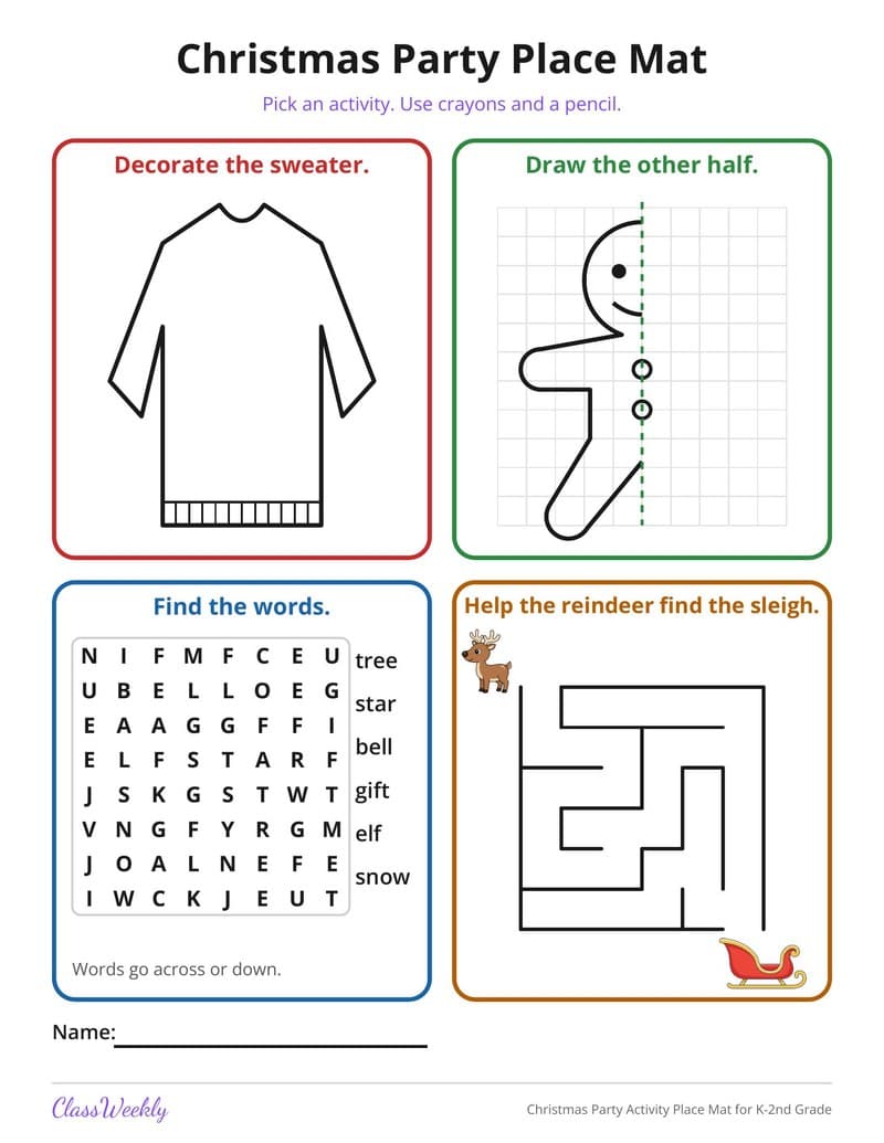 Christmas Party Activity Place Mat for K-2nd Grade - 2nd Grade Holiday Activities printable preview