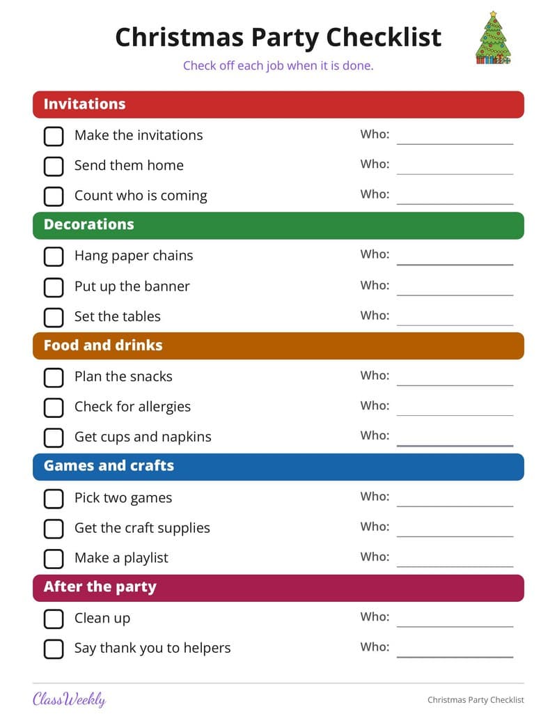 Christmas Party Checklist - 3rd Grade Holiday Activities printable preview