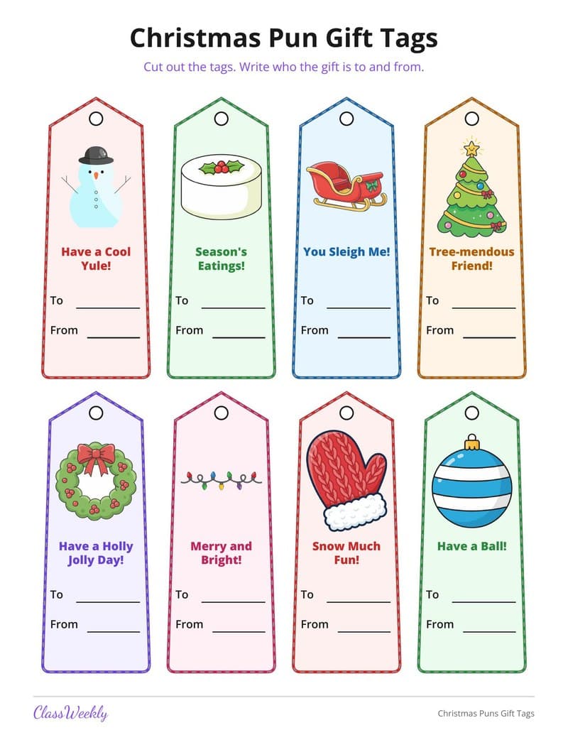 Christmas Puns Gift Tags - 3rd Grade Holiday Activities printable preview