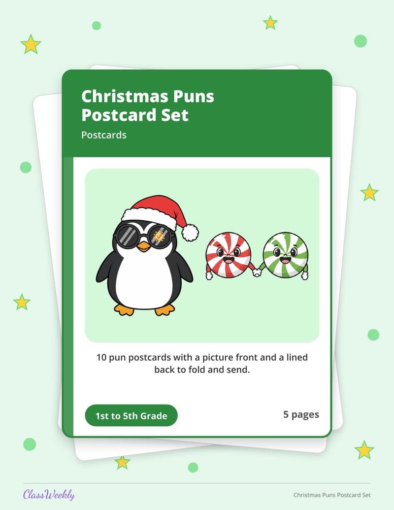 Christmas Puns Postcard Set - Kindergarten Holiday Activities printable preview