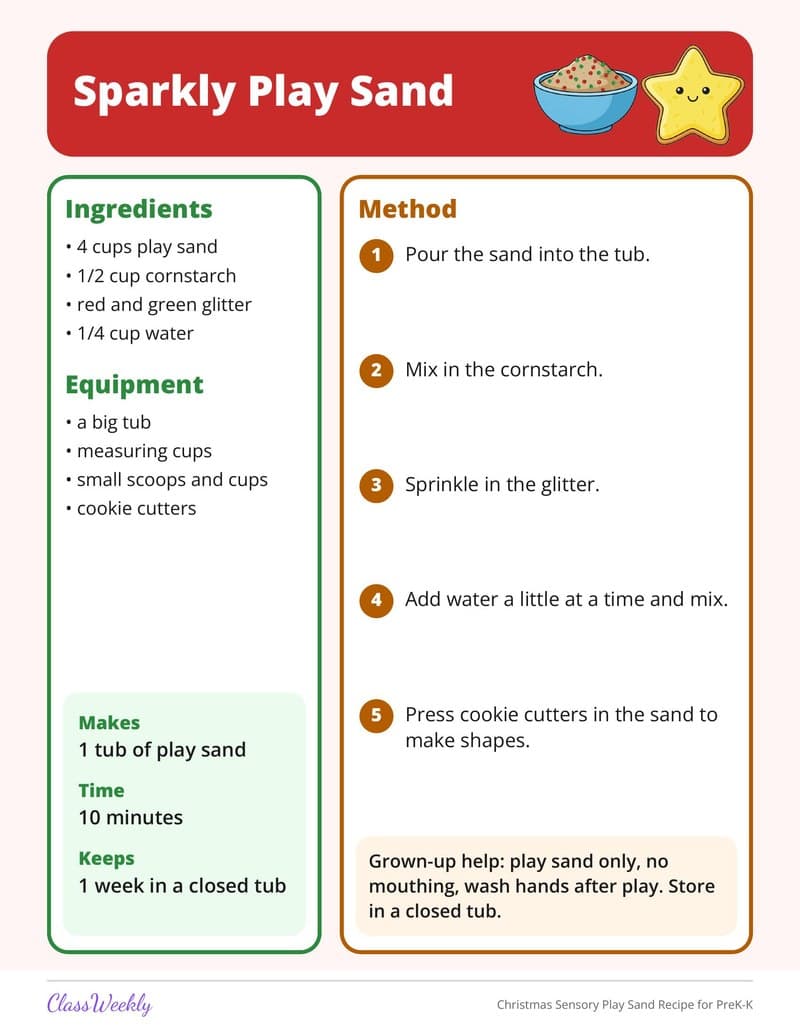 Christmas Sensory Play Sand Recipe for PreK-K - Kindergarten Holiday Activities printable preview