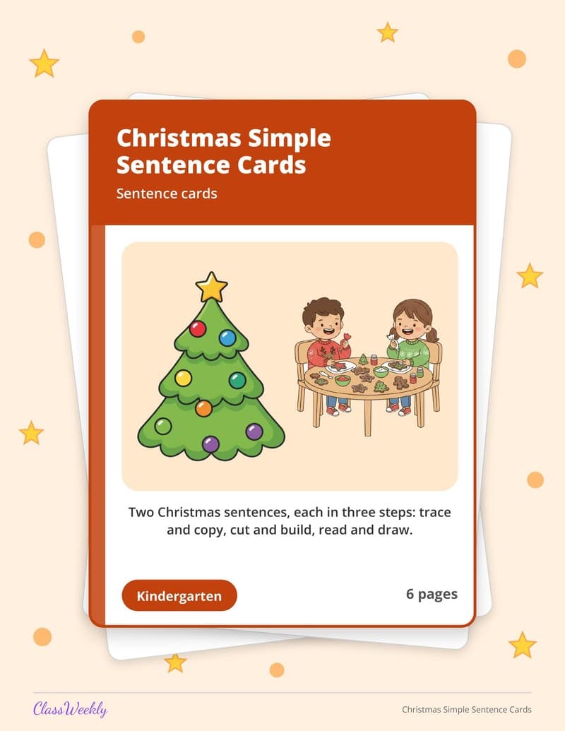 Christmas Simple Sentence Cards - Kindergarten Holiday Activities printable preview