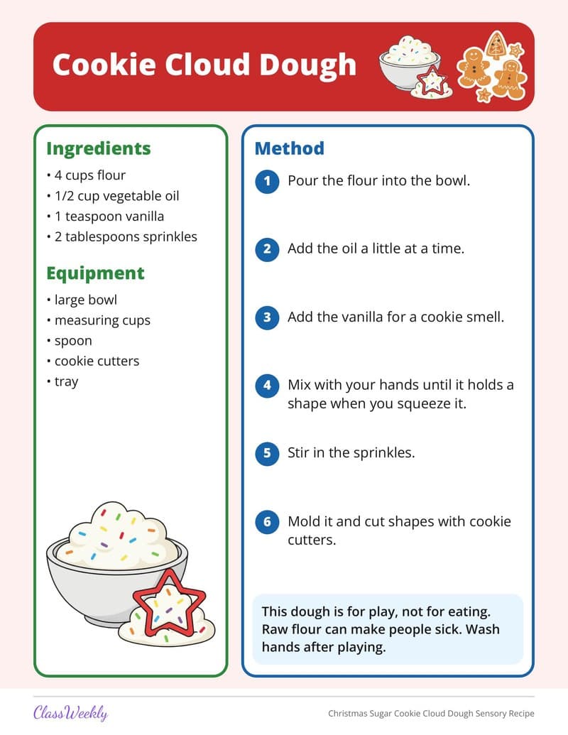 Christmas Sugar Cookie Cloud Dough Sensory Recipe - Kindergarten Holiday Activities printable preview