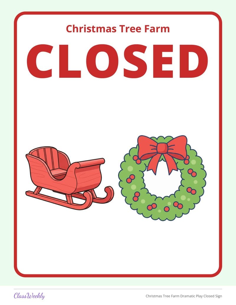 Christmas Tree Farm Dramatic Play Closed Sign - Kindergarten Holiday Activities printable preview