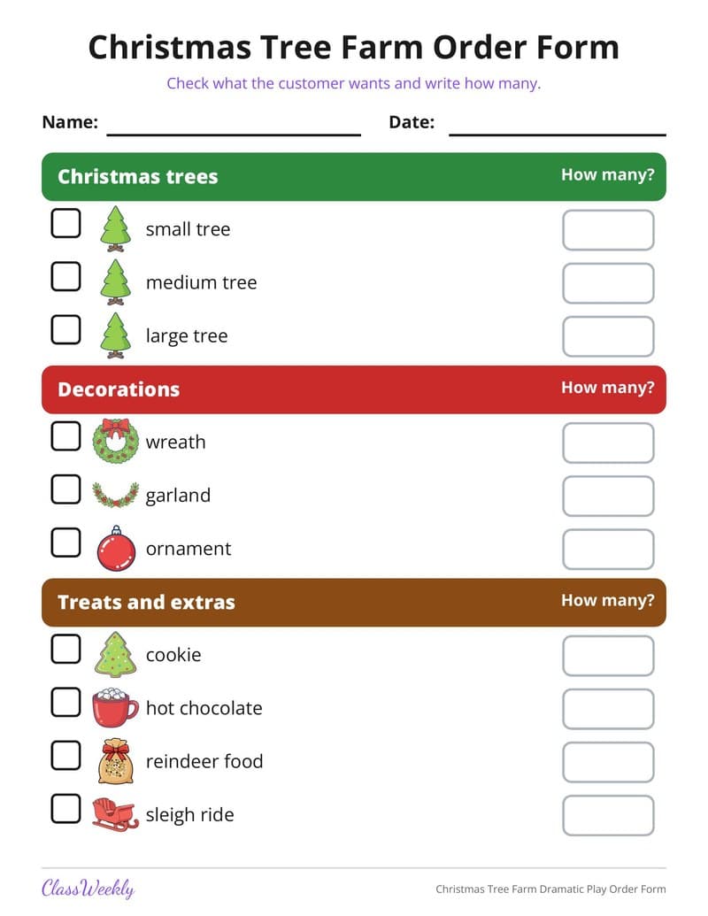Christmas Tree Farm Dramatic Play Order Form - Kindergarten Holiday Activities printable preview