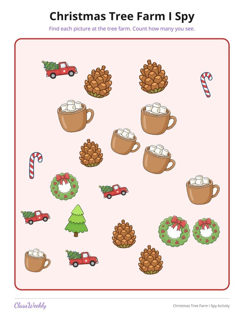 Christmas Tree Farm I Spy Activity - Kindergarten Holiday Activities printable preview