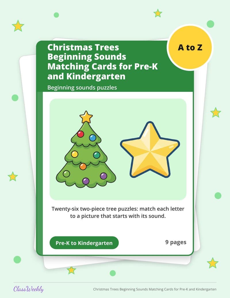 Christmas Trees Beginning Sounds Matching Cards for Pre-K and Kindergarten - Kindergarten Holiday Activities printable preview