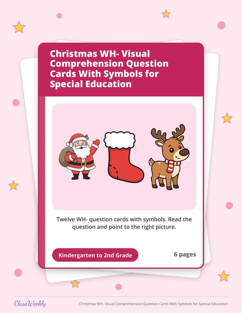Christmas WH- Visual Comprehension Question Cards With Symbols for Special Education - 2nd Grade Holiday Activities printable preview