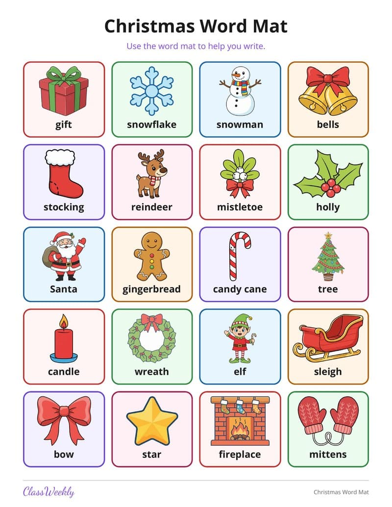Christmas Word Mat - Kindergarten Holiday Activities printable preview