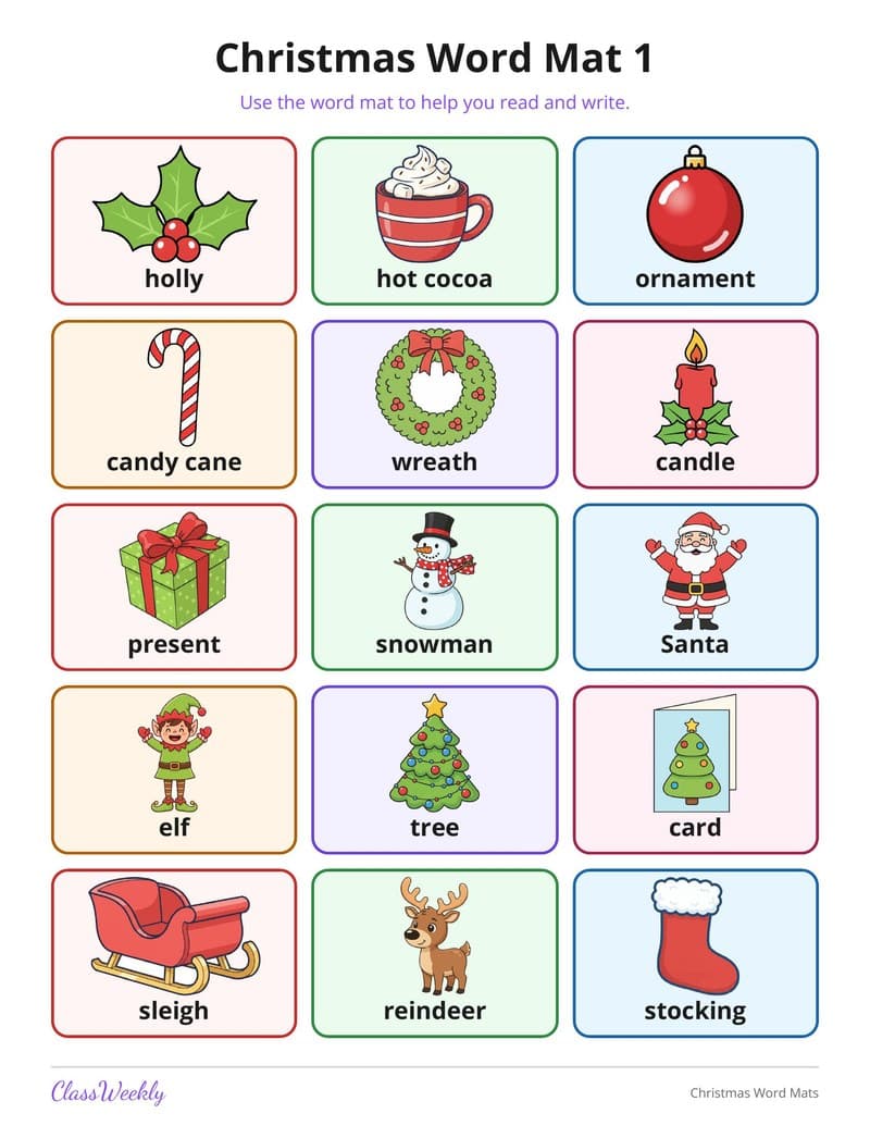 Christmas Word Mats - 2nd Grade Holiday Activities printable preview