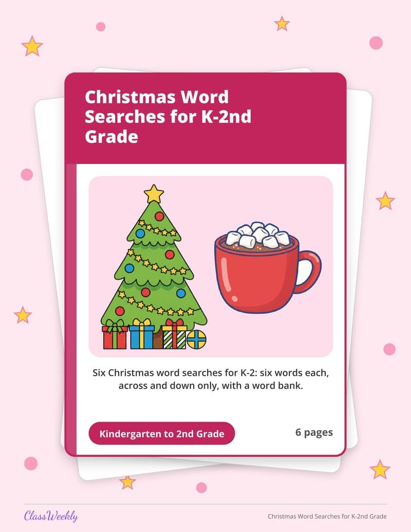 Christmas Word Searches for K-2nd Grade - Kindergarten Holiday Activities printable preview