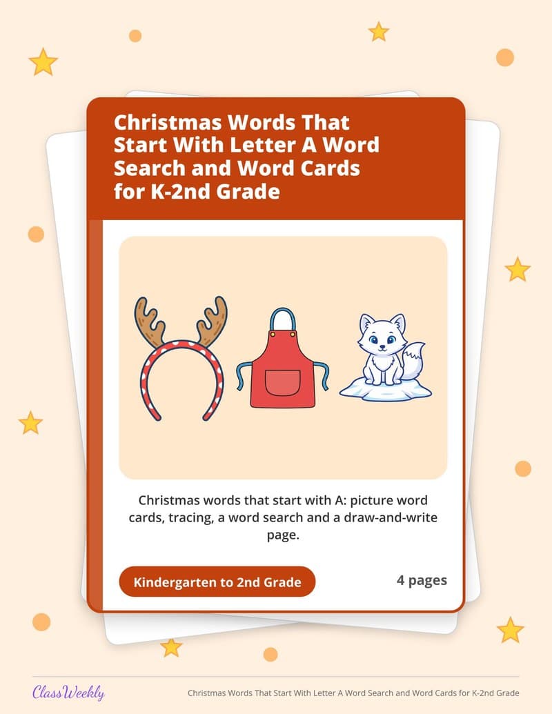 Christmas Words That Start With Letter A Word Search and Word Cards for K-2nd Grade - 2nd Grade Holiday Activities printable preview