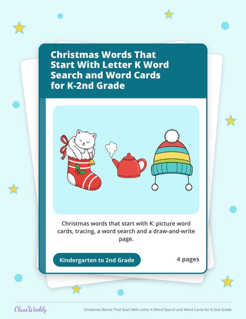 Christmas Words That Start With Letter K Word Search and Word Cards for K-2nd Grade - Kindergarten Holiday Activities printable preview