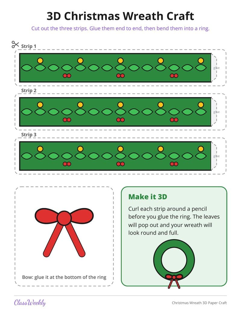 Christmas Wreath 3D Paper Craft - 4th Grade Holiday Activities printable preview