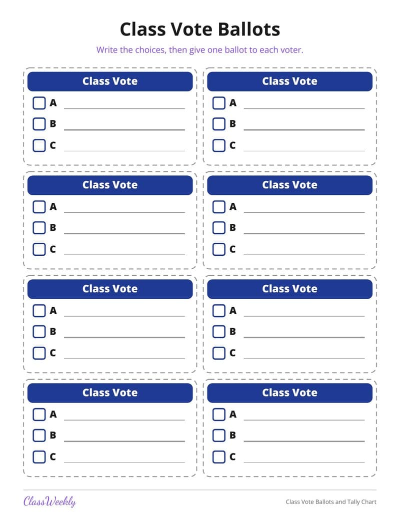 Class Vote Ballots and Tally Chart - 3rd Grade Holiday Activities printable preview