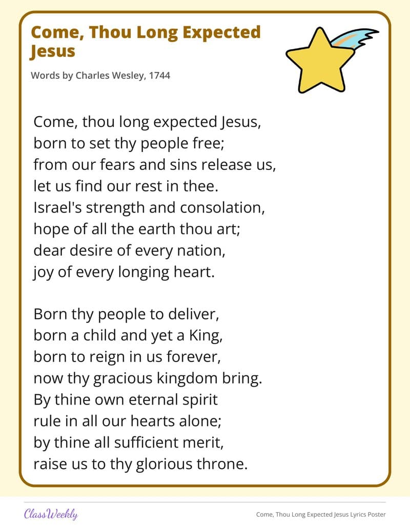 Come, Thou Long Expected Jesus Lyrics Poster - Kindergarten Holiday Activities printable preview