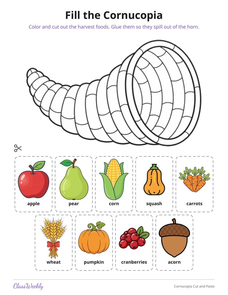 Cornucopia Cut and Paste - 2nd Grade Holiday Activities printable preview