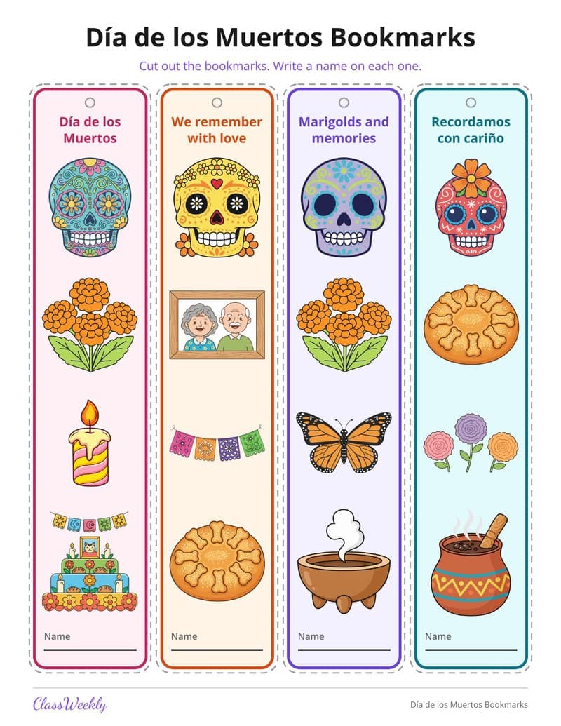 Día de los Muertos Bookmarks - 3rd Grade Holiday Activities printable preview