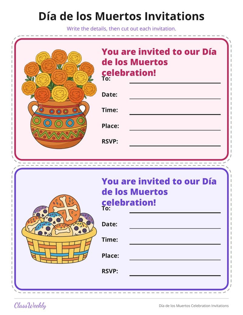 Día de los Muertos Celebration Invitations - 2nd Grade Holiday Activities printable preview